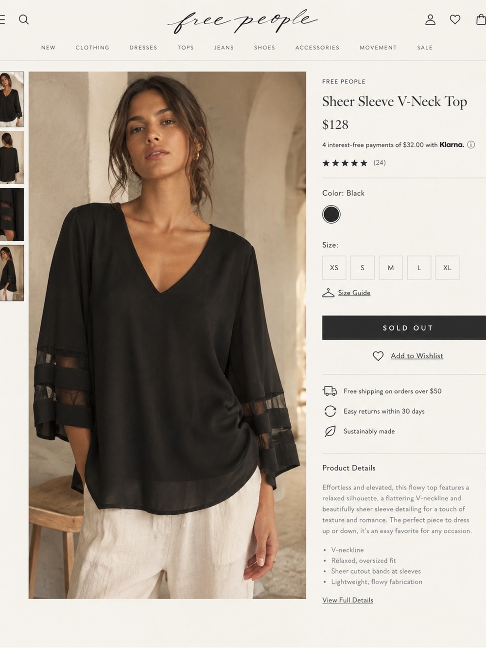 Free People Black V-Neck Top with Sheer Sleeve Bands